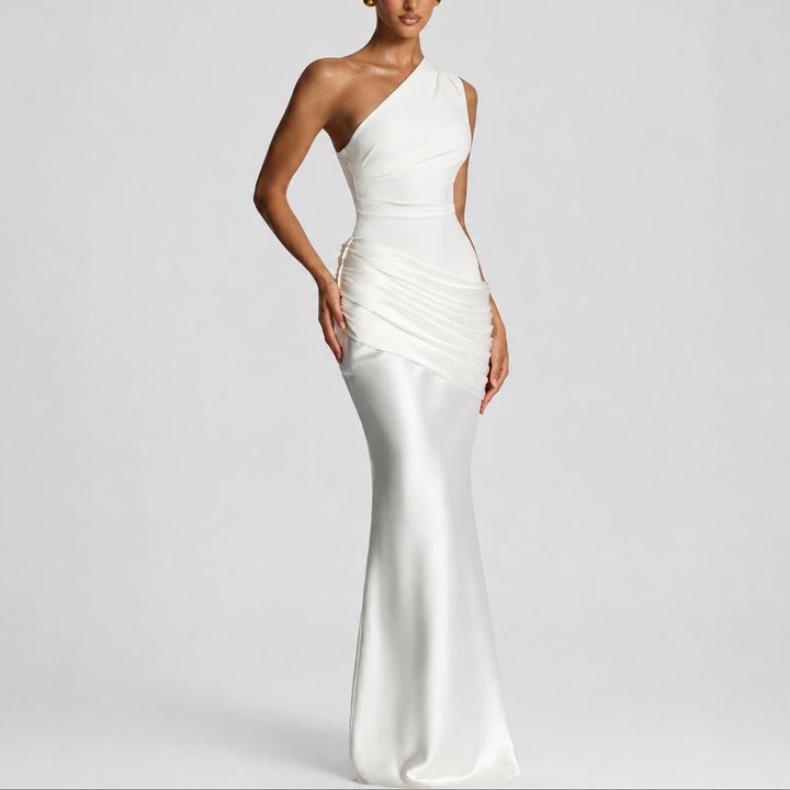 Women's One Shoulder Draped Satin Fall Wedding Guest Maxi Dress - White