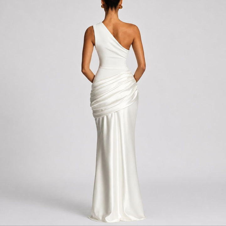Women's One Shoulder Draped Satin Fall Wedding Guest Maxi Dress