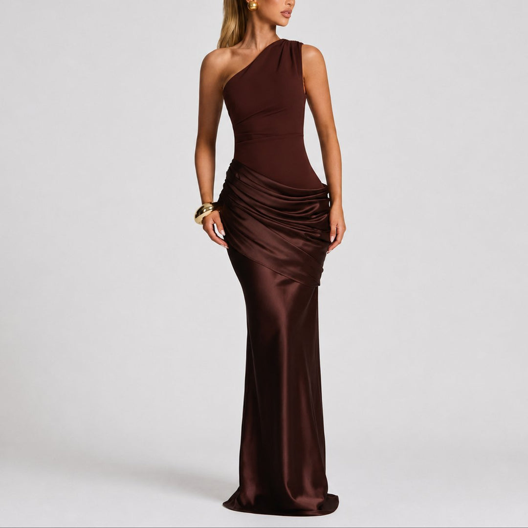 Women's One Shoulder Draped Satin Fall Wedding Guest Maxi Dress - Brown