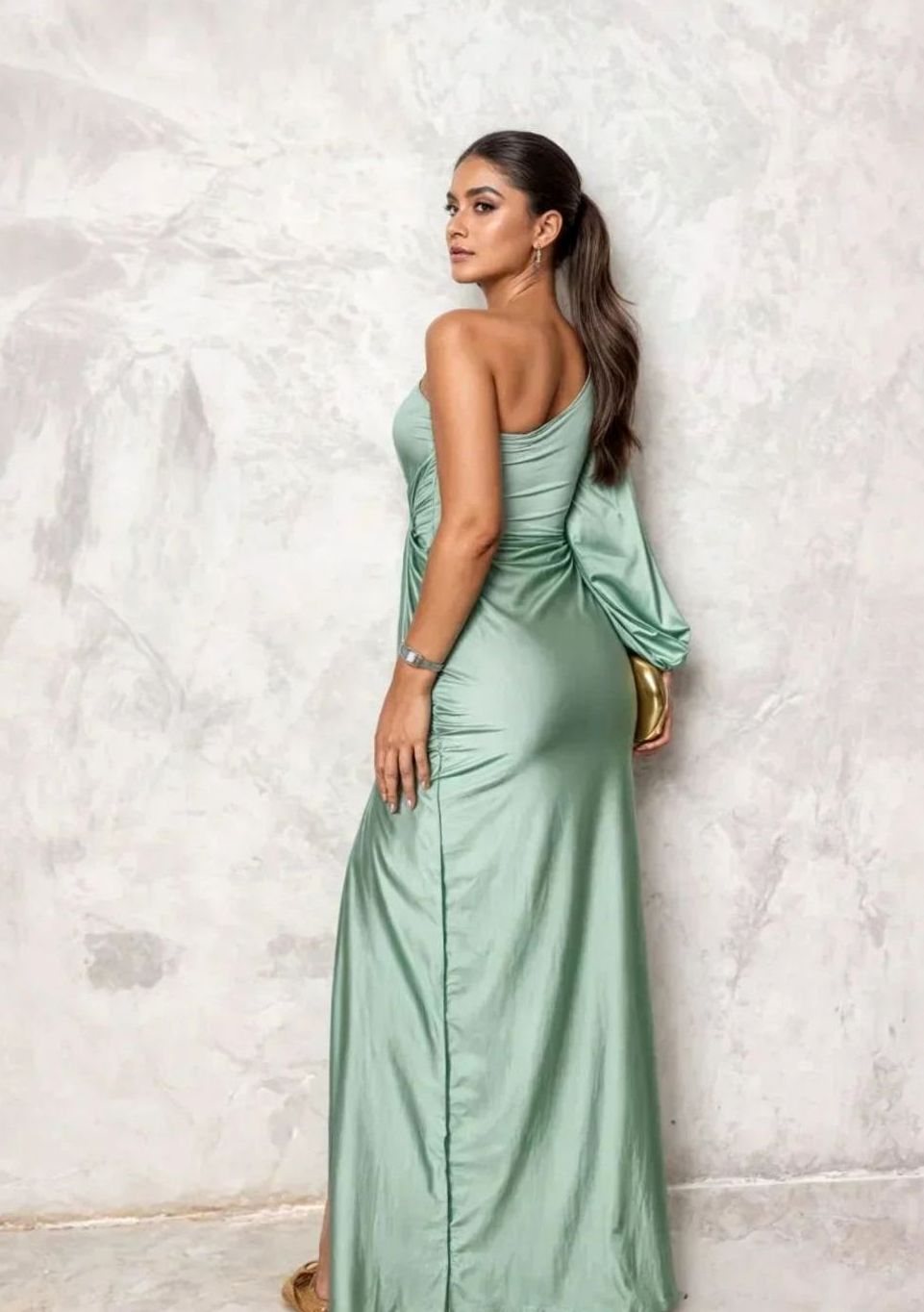 Women's One-Shoulder Draped Satin Formal Maxi Dress Slit