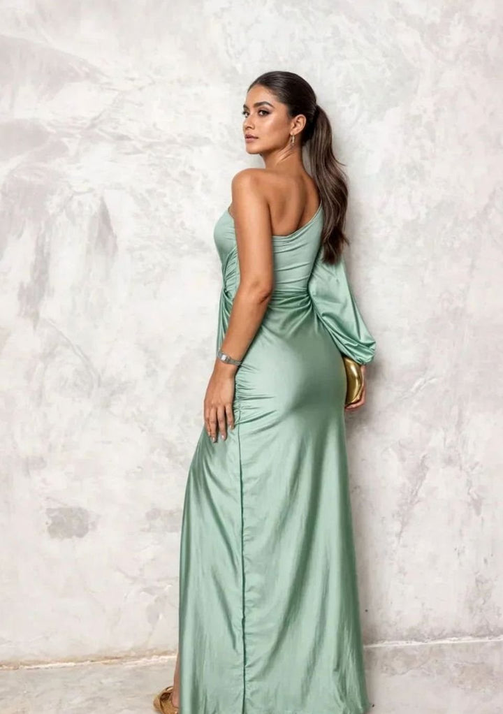 Women's One-Shoulder Draped Satin Formal Maxi Dress Slit