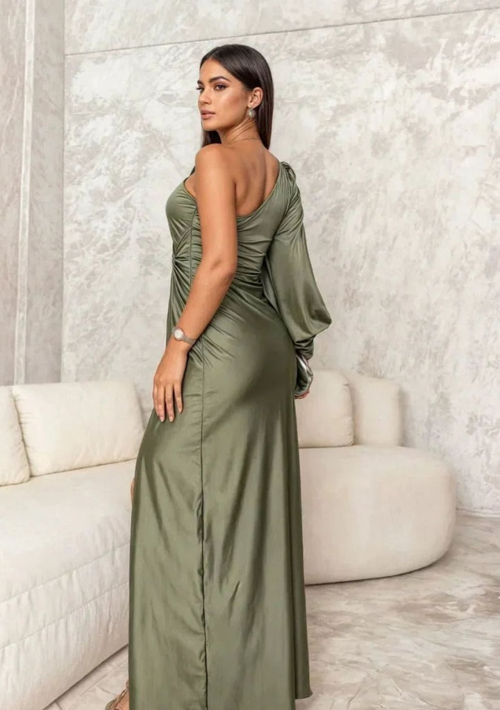 Women's One-Shoulder Draped Satin Formal Maxi Dress Slit