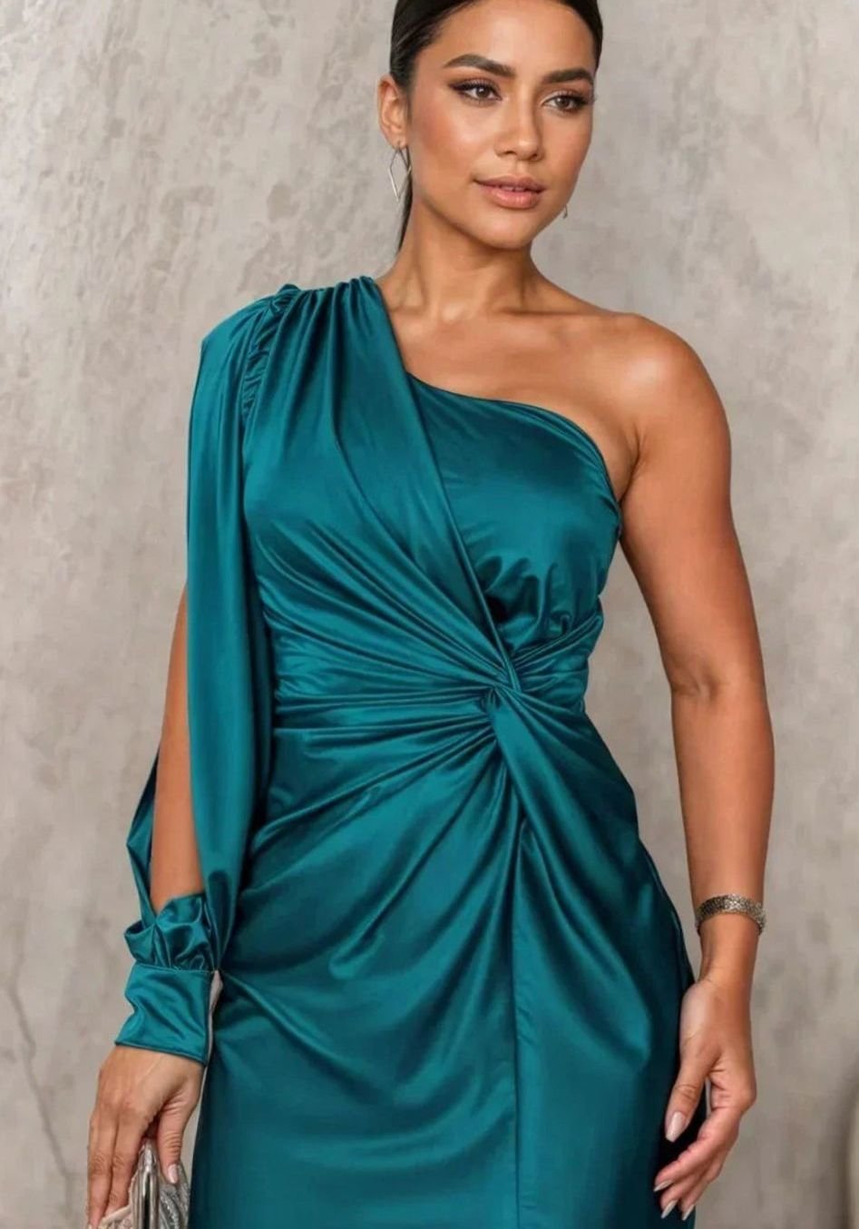 Women's One-Shoulder Draped Satin Formal Maxi Dress Slit