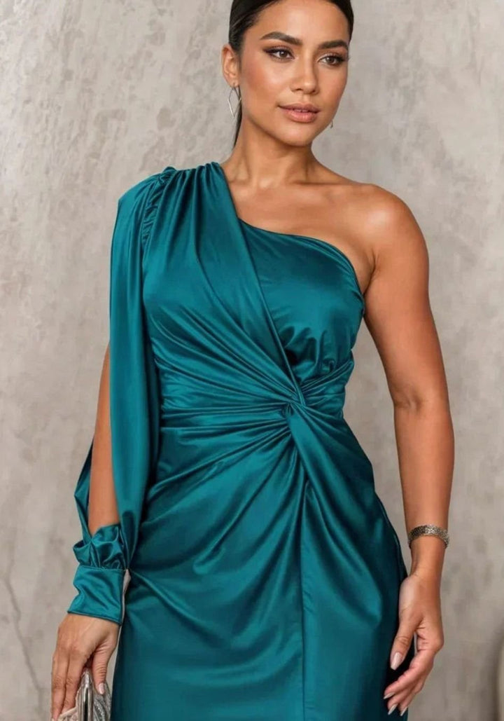 Women's One-Shoulder Draped Satin Formal Maxi Dress Slit