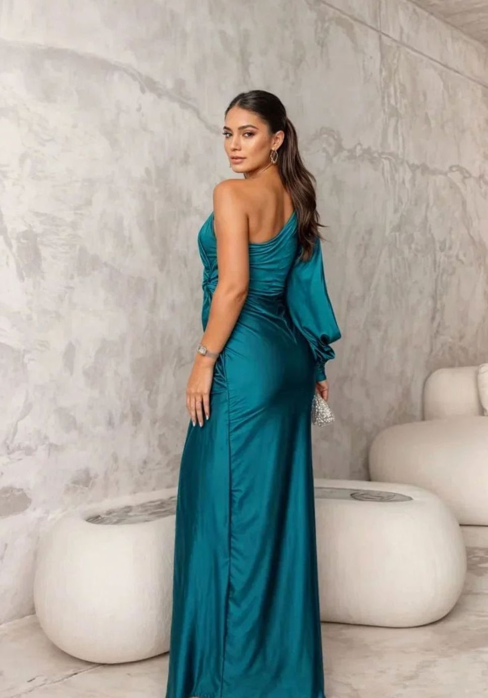 Women's One-Shoulder Draped Satin Formal Maxi Dress Slit