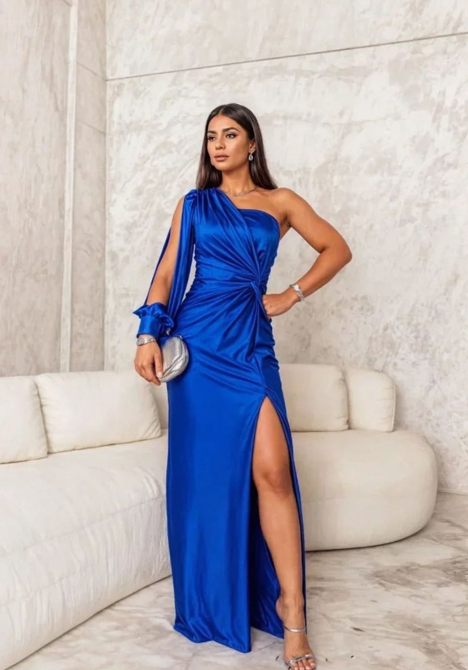 Women's One-Shoulder Draped Satin Formal Maxi Dress Slit