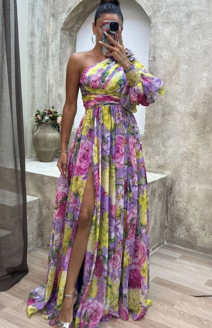 Women's One-Shoulder Floral Maxi Dress Long Evening Slit Gown