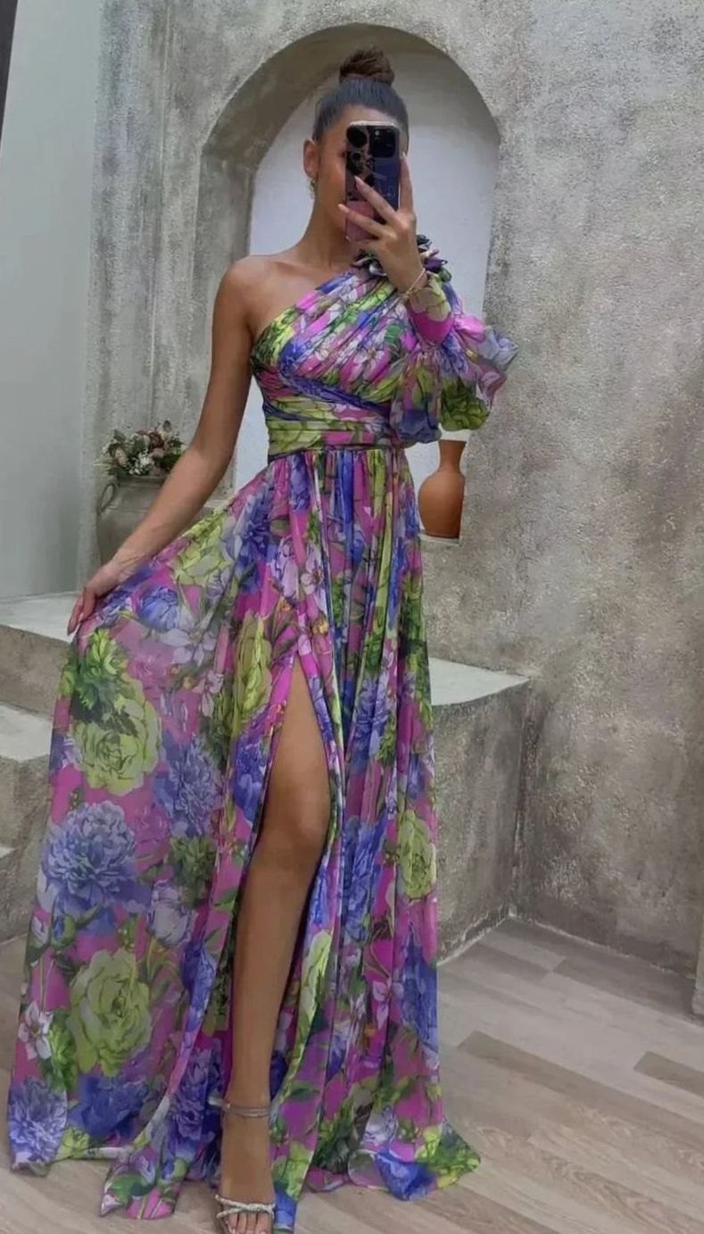 Women's One-Shoulder Floral Maxi Dress Long Evening Slit Gown - Purple