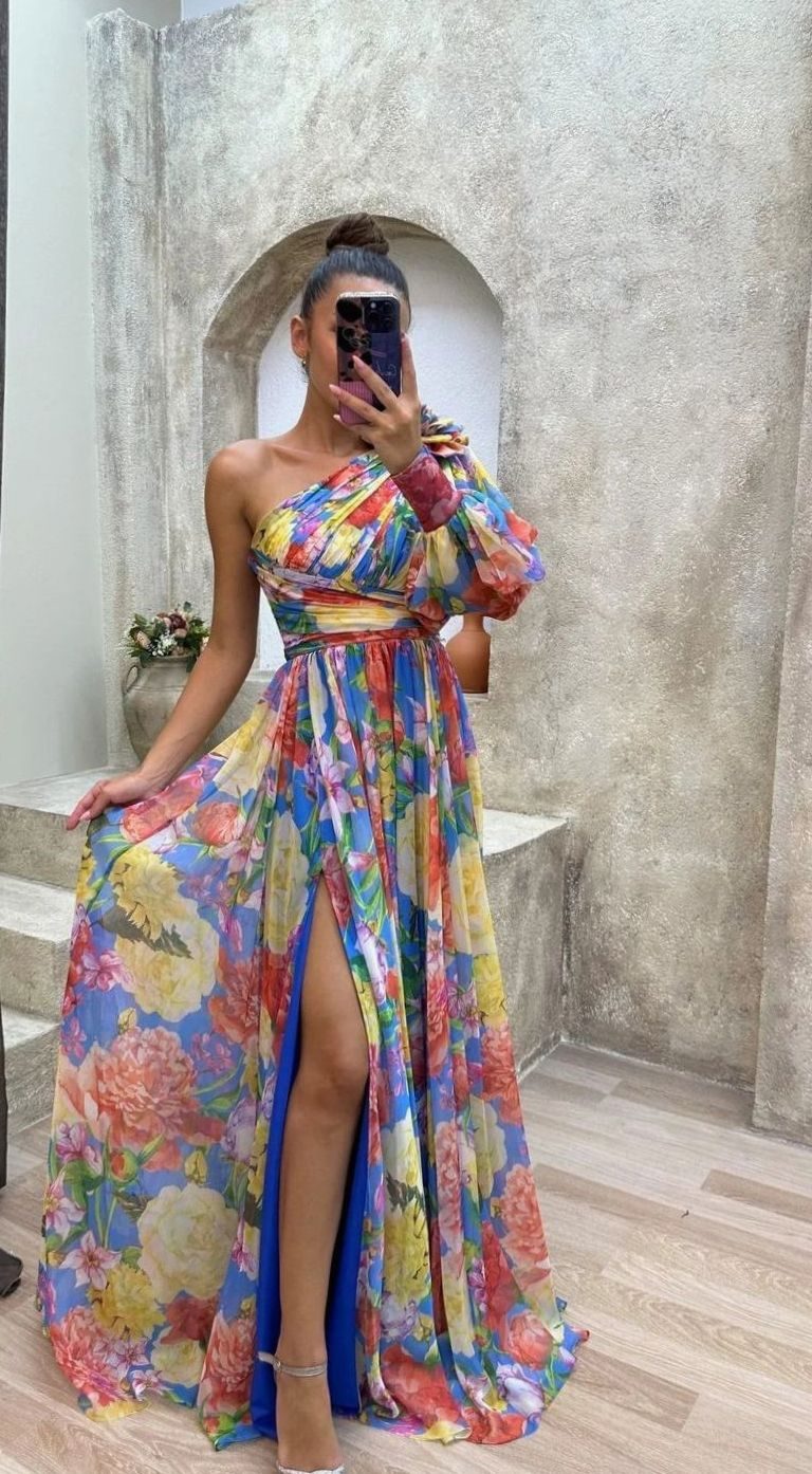 Women's One-Shoulder Floral Maxi Dress Long Evening Slit Gown - Multicolour