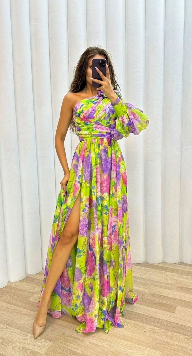 Women's One-Shoulder Floral Maxi Dress Long Evening Slit Gown - Yellow