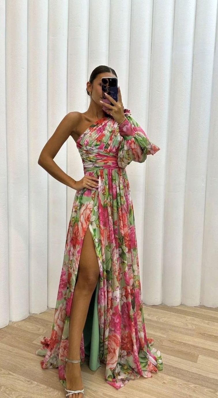 Women's One-Shoulder Floral Maxi Dress Long Evening Slit Gown - Pink