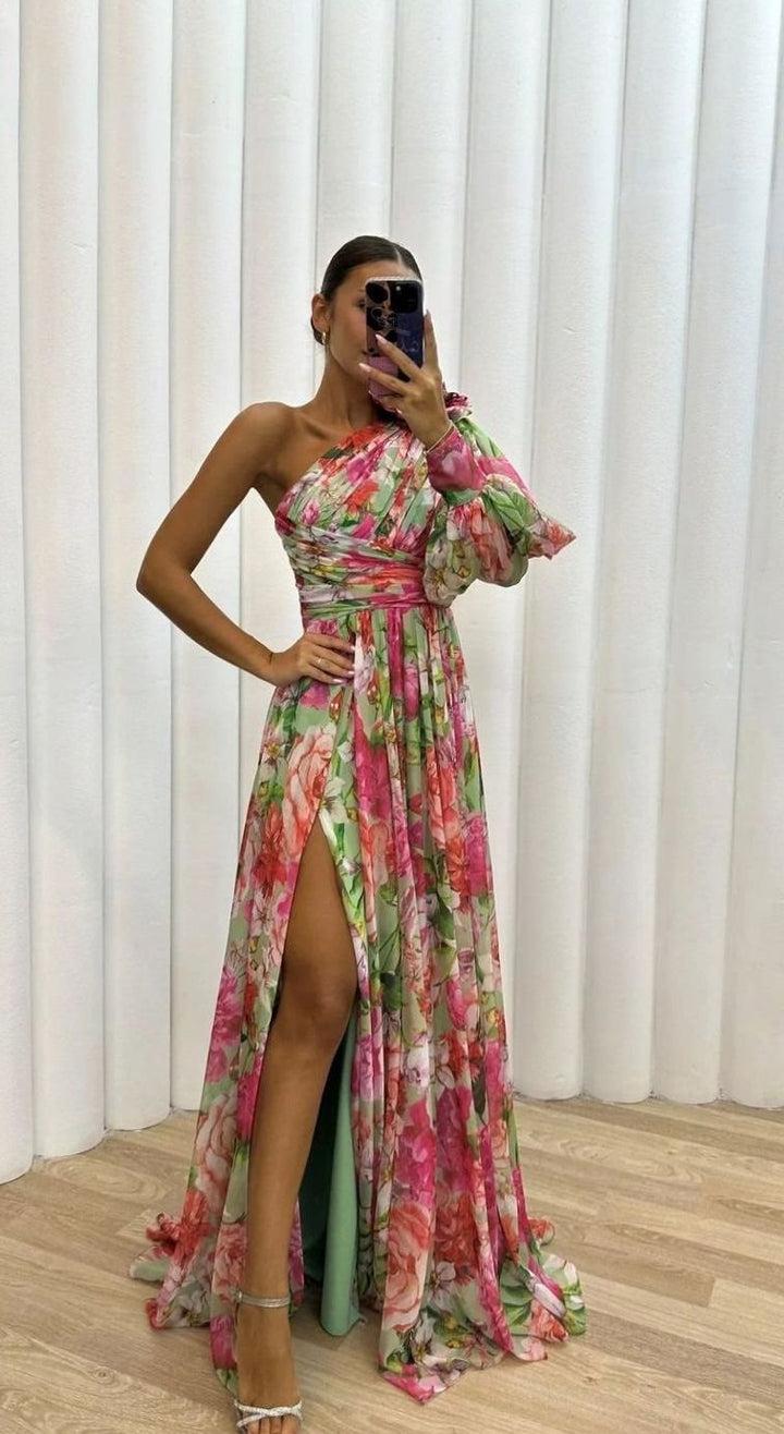 Women's One-Shoulder Floral Maxi Dress Long Evening Slit Gown - Pink