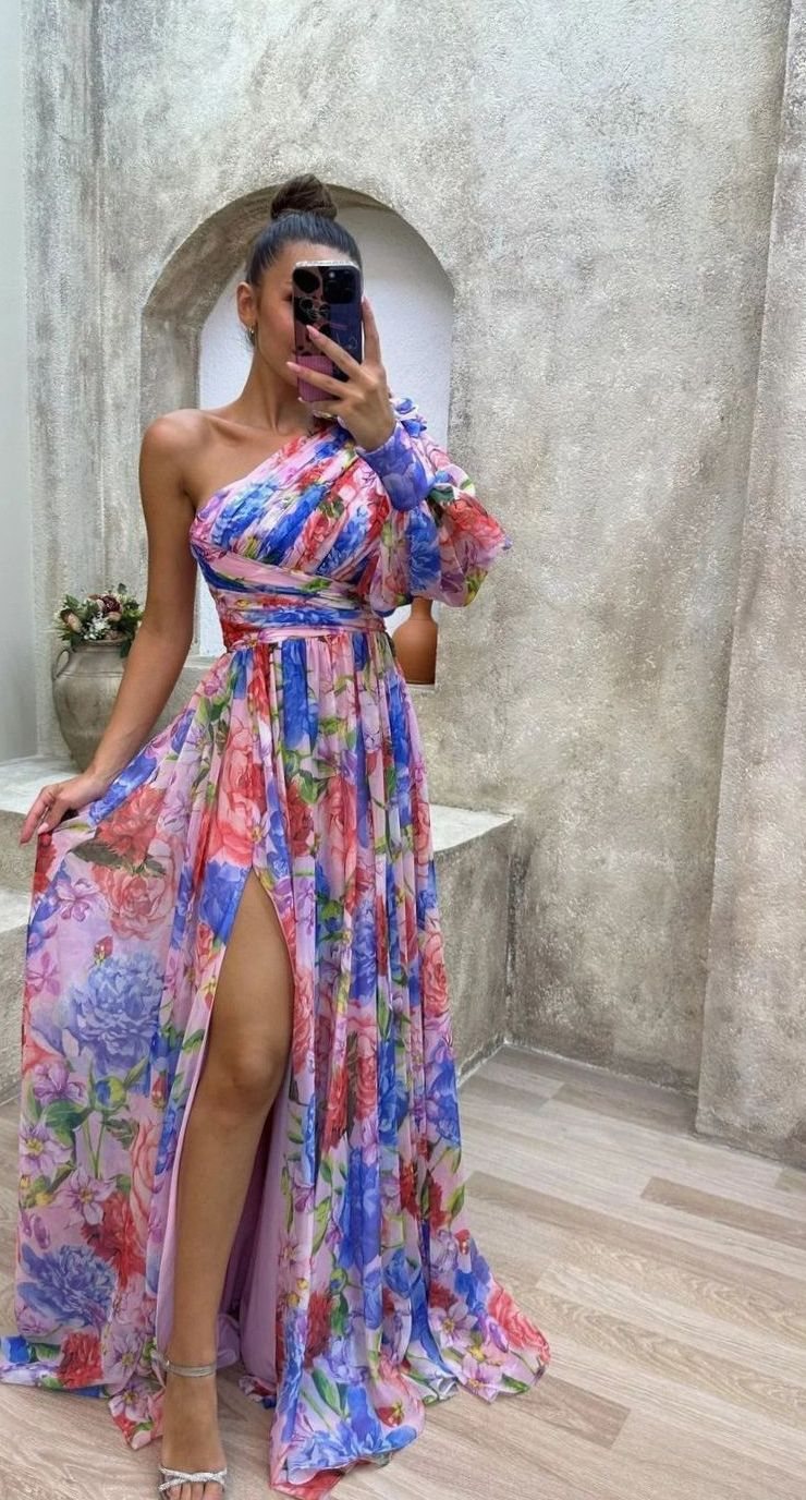 Women's One-Shoulder Floral Maxi Dress Long Evening Slit Gown