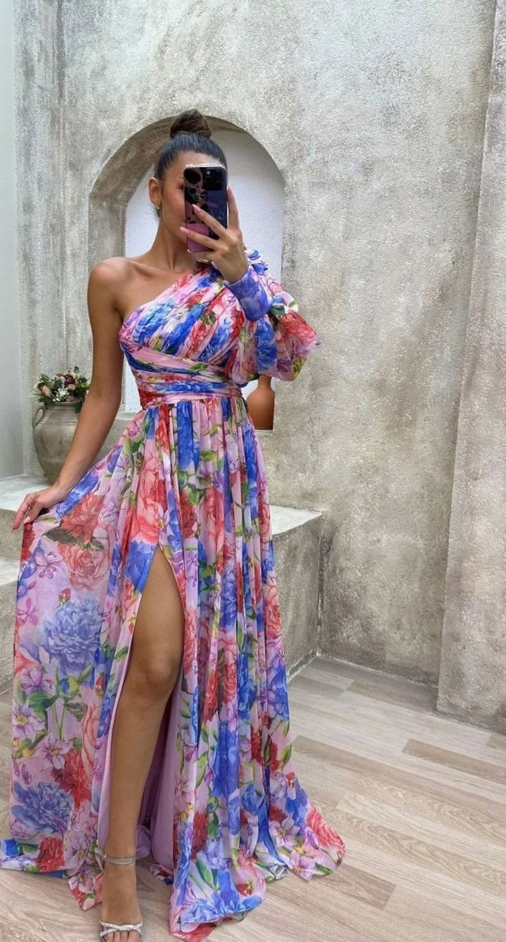 Women's One-Shoulder Floral Maxi Dress Long Evening Slit Gown