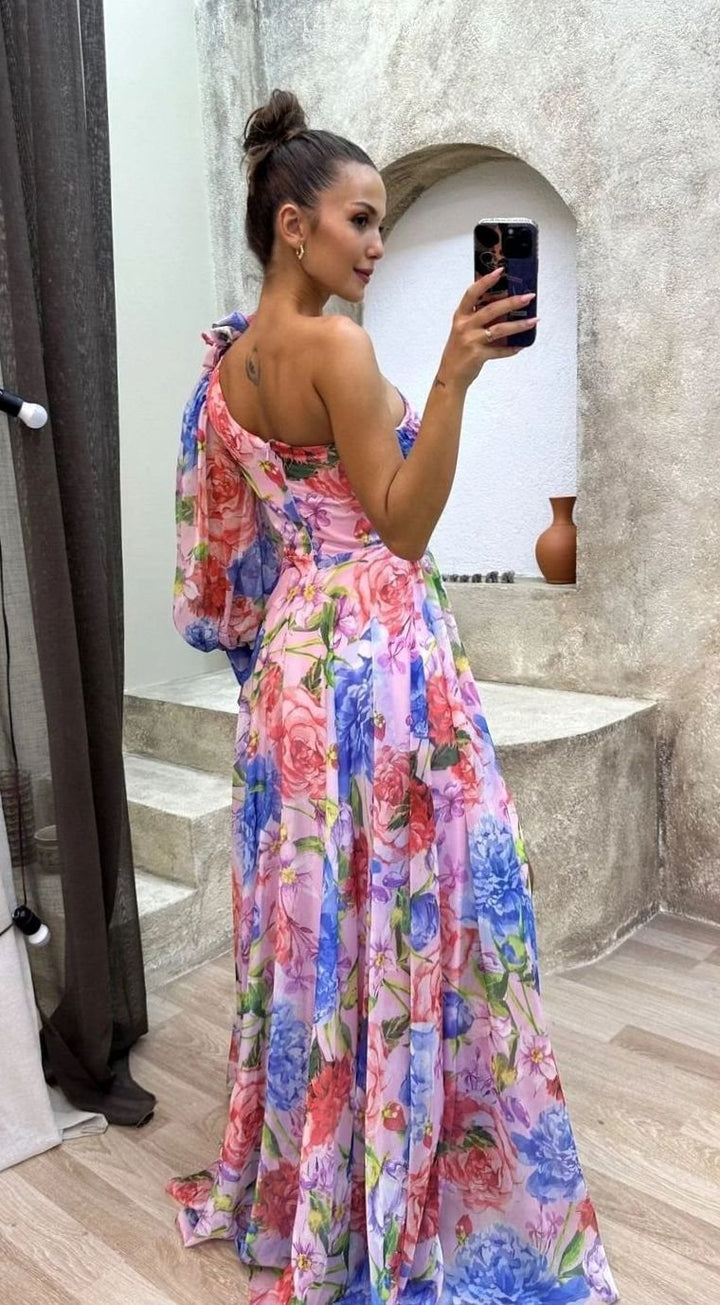 Women's One-Shoulder Floral Maxi Dress Long Evening Slit Gown