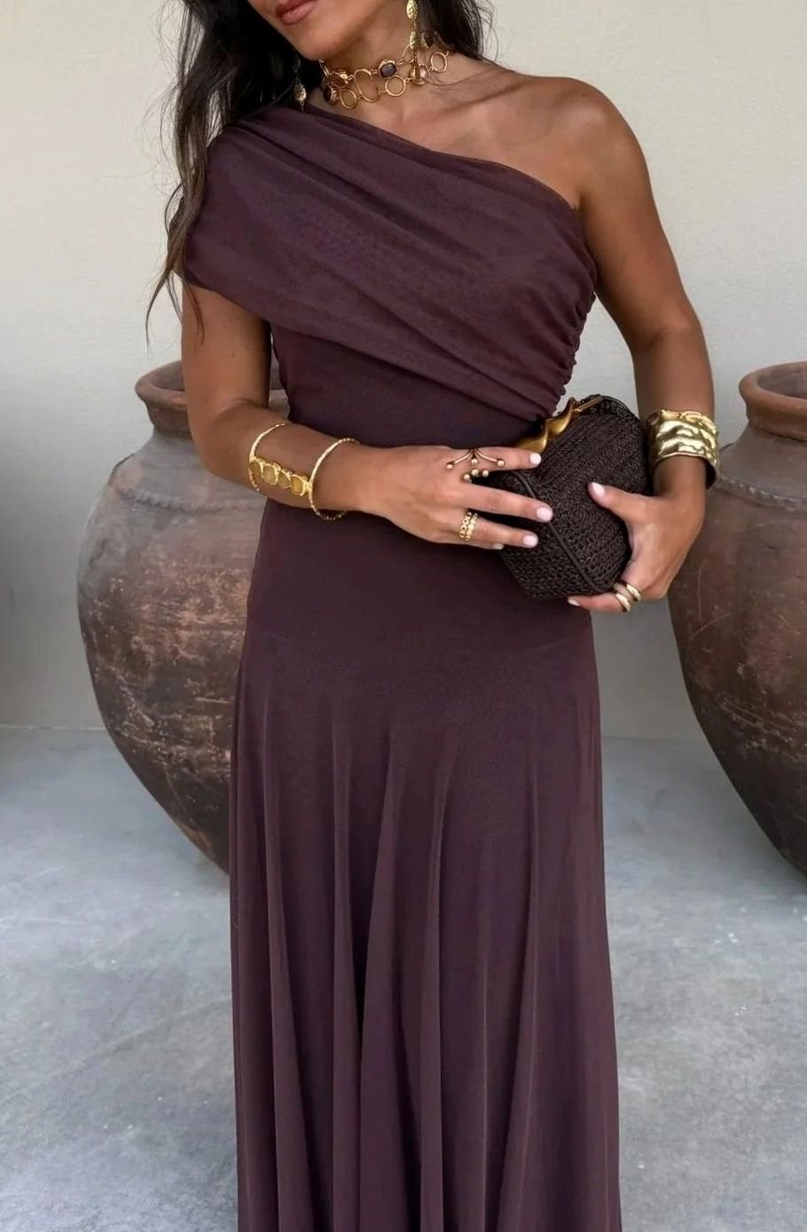 Women's One-Shoulder Pleated Flowy Maxi Dress - Brown