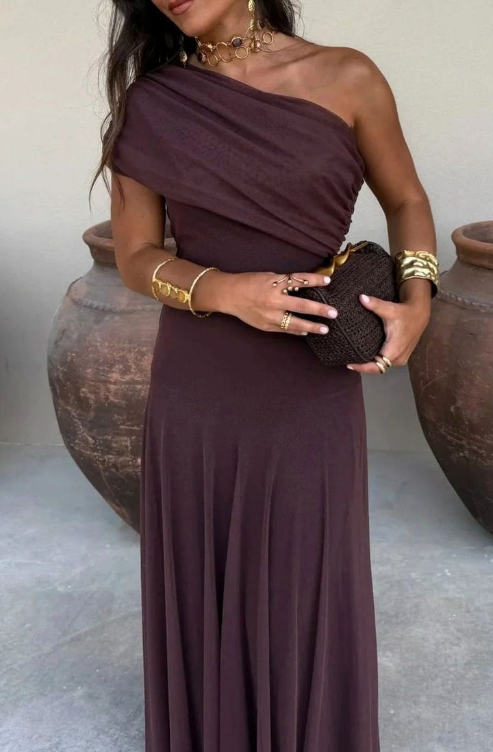 Women's One-Shoulder Pleated Flowy Maxi Dress - Brown