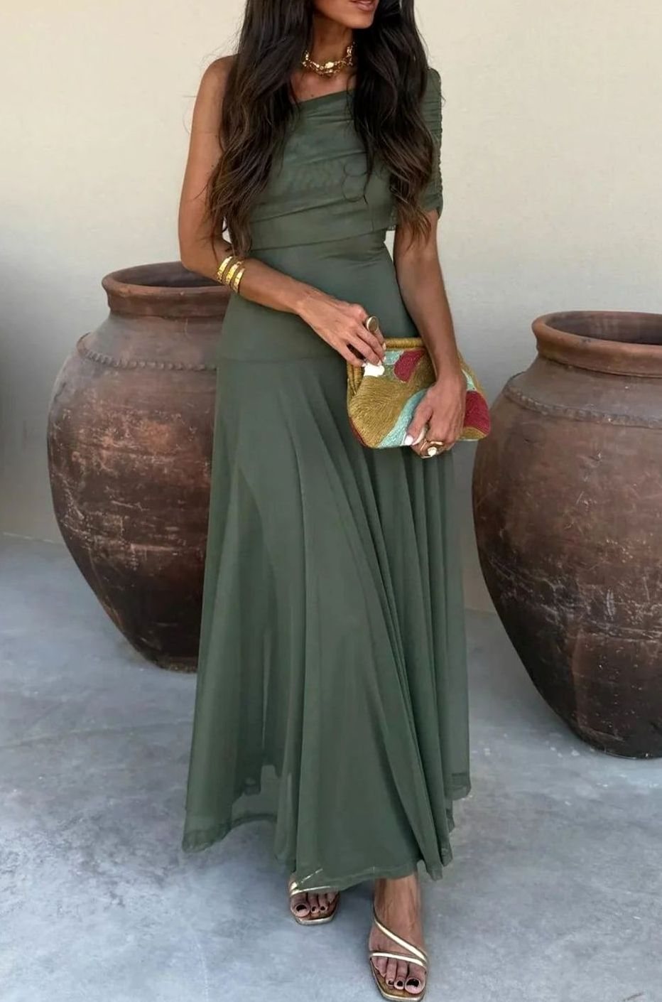 Women's One-Shoulder Pleated Flowy Maxi Dress - Green