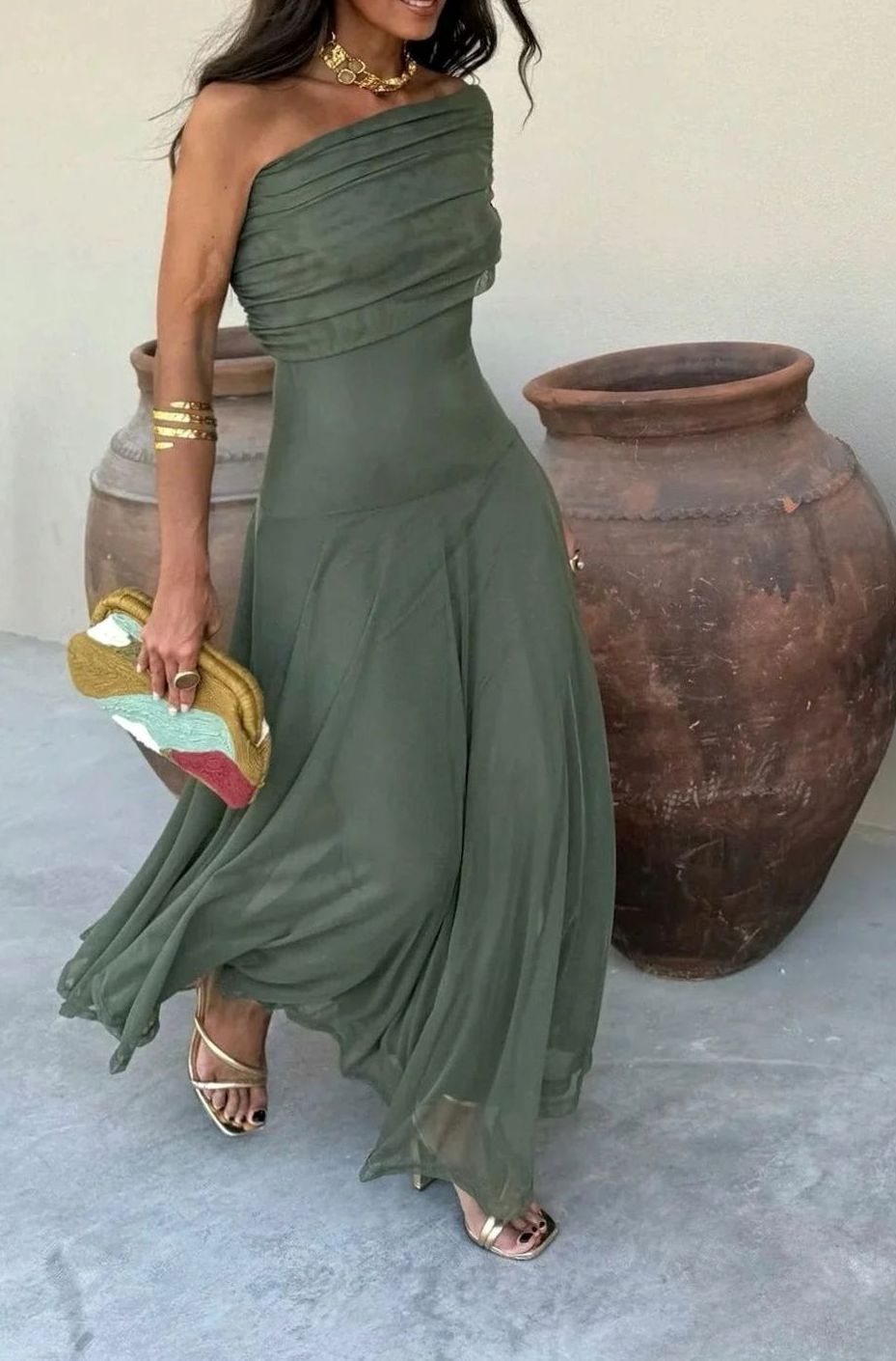 Women's One-Shoulder Pleated Flowy Maxi Dress