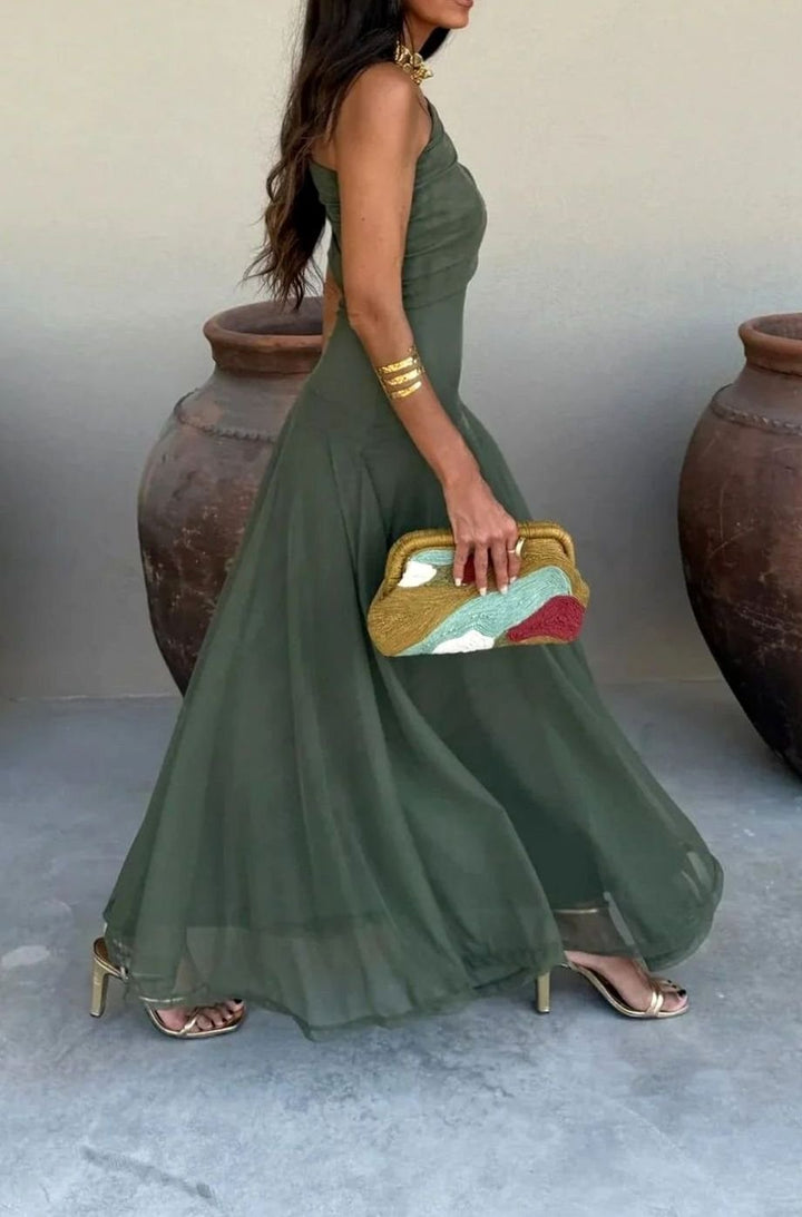 Women's One-Shoulder Pleated Flowy Maxi Dress