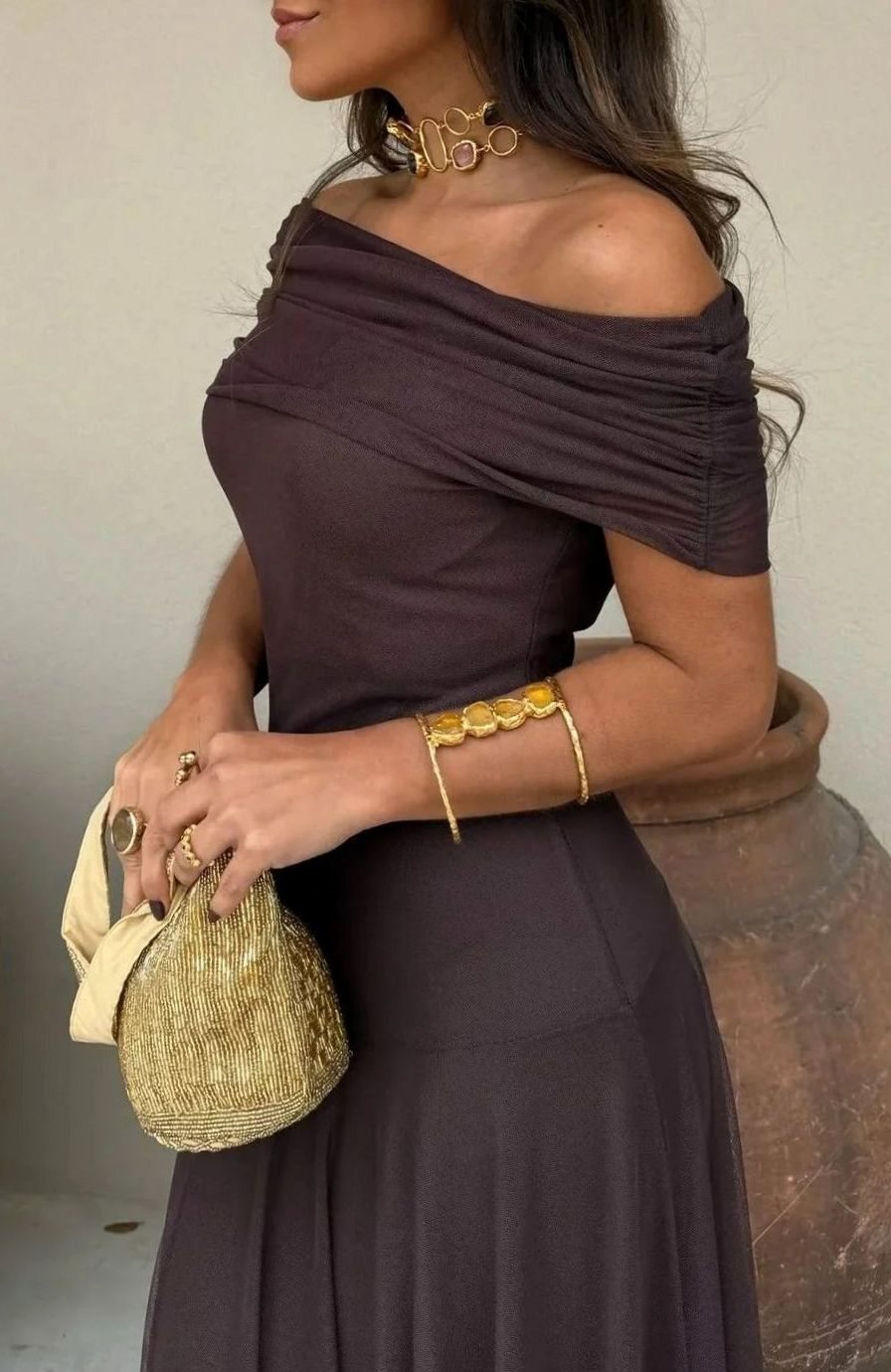 Women's One-Shoulder Pleated Flowy Maxi Dress