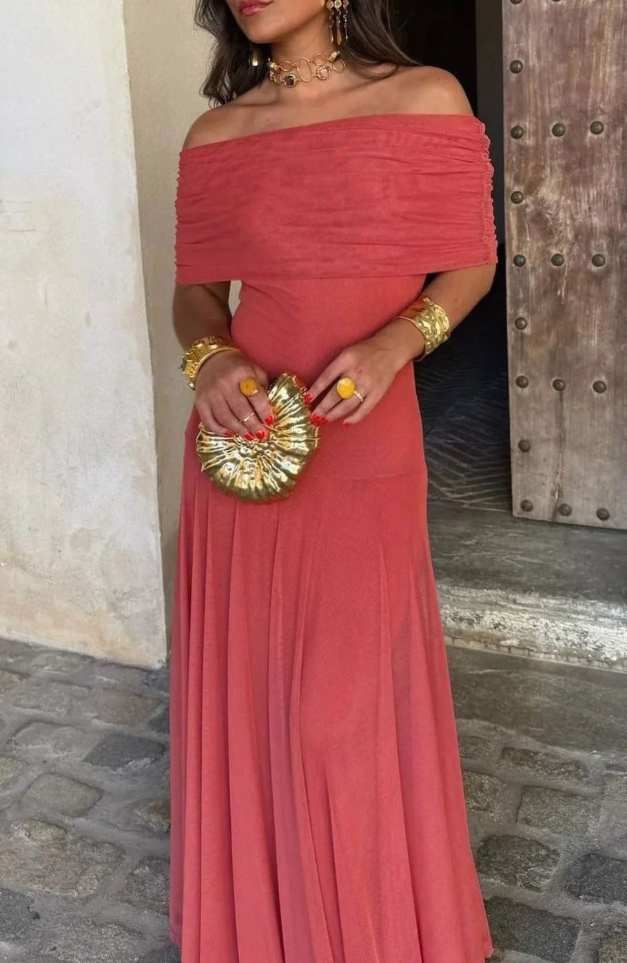 Women's One-Shoulder Pleated Flowy Maxi Dress - Red