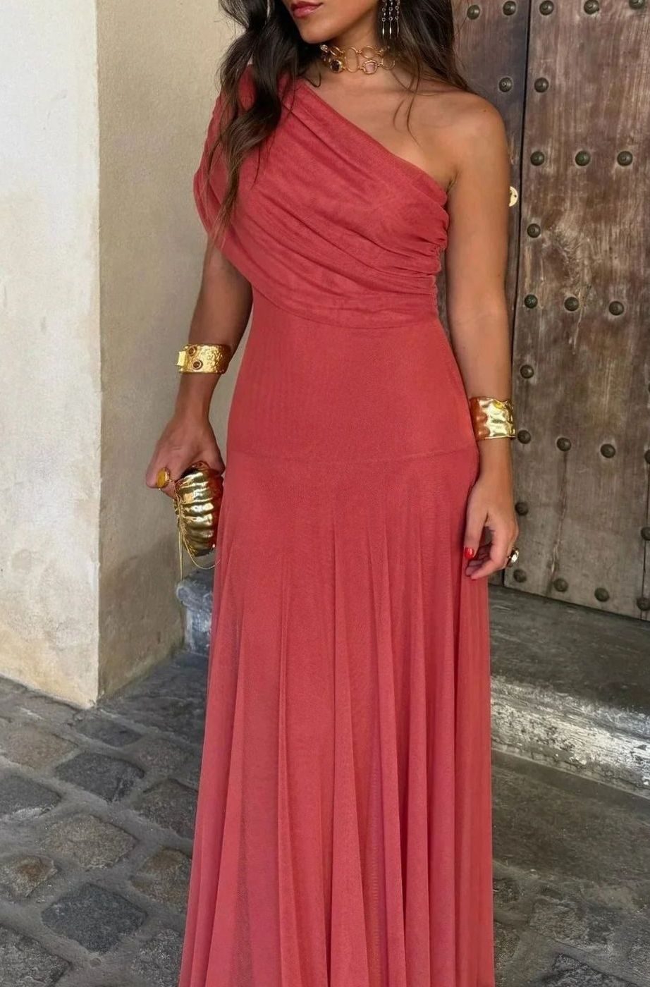 Women's One-Shoulder Pleated Flowy Maxi Dress