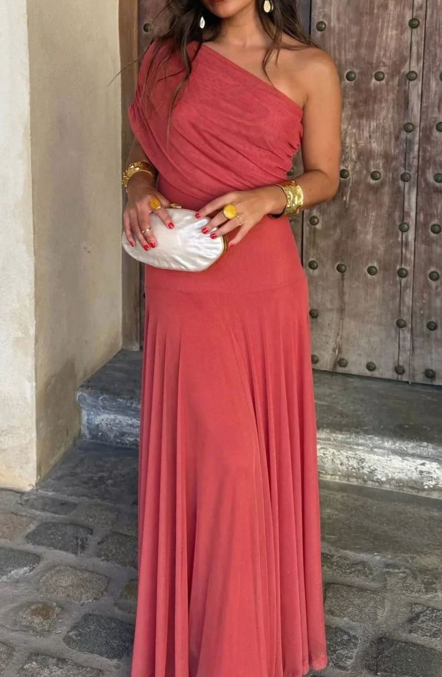 Women's One-Shoulder Pleated Flowy Maxi Dress
