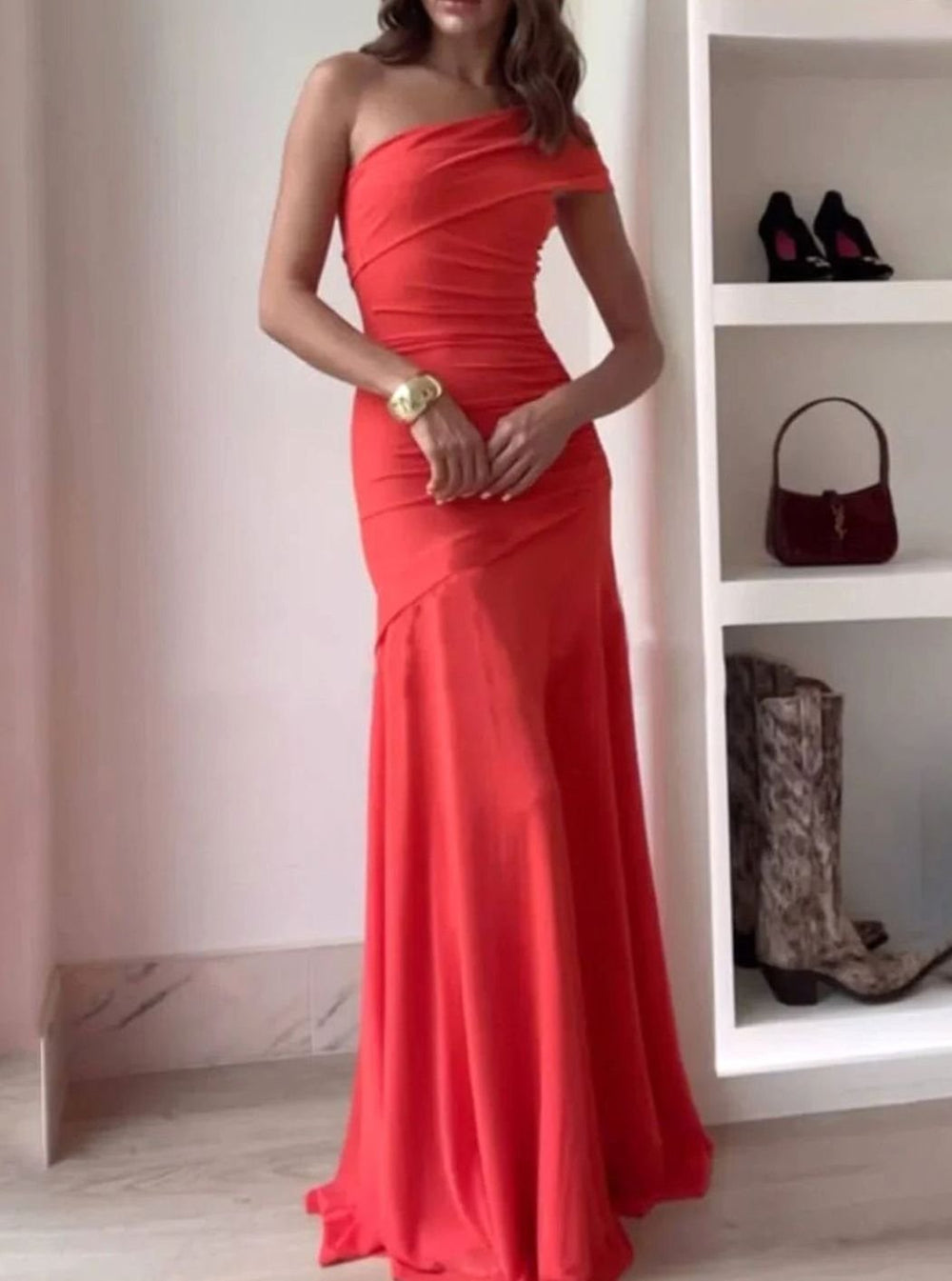 Women's One-Shoulder Ruched Formal Maxi Wedding Guest Dress