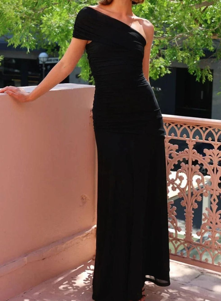 Women's One-Shoulder Ruched Formal Maxi Wedding Guest Dress - Black