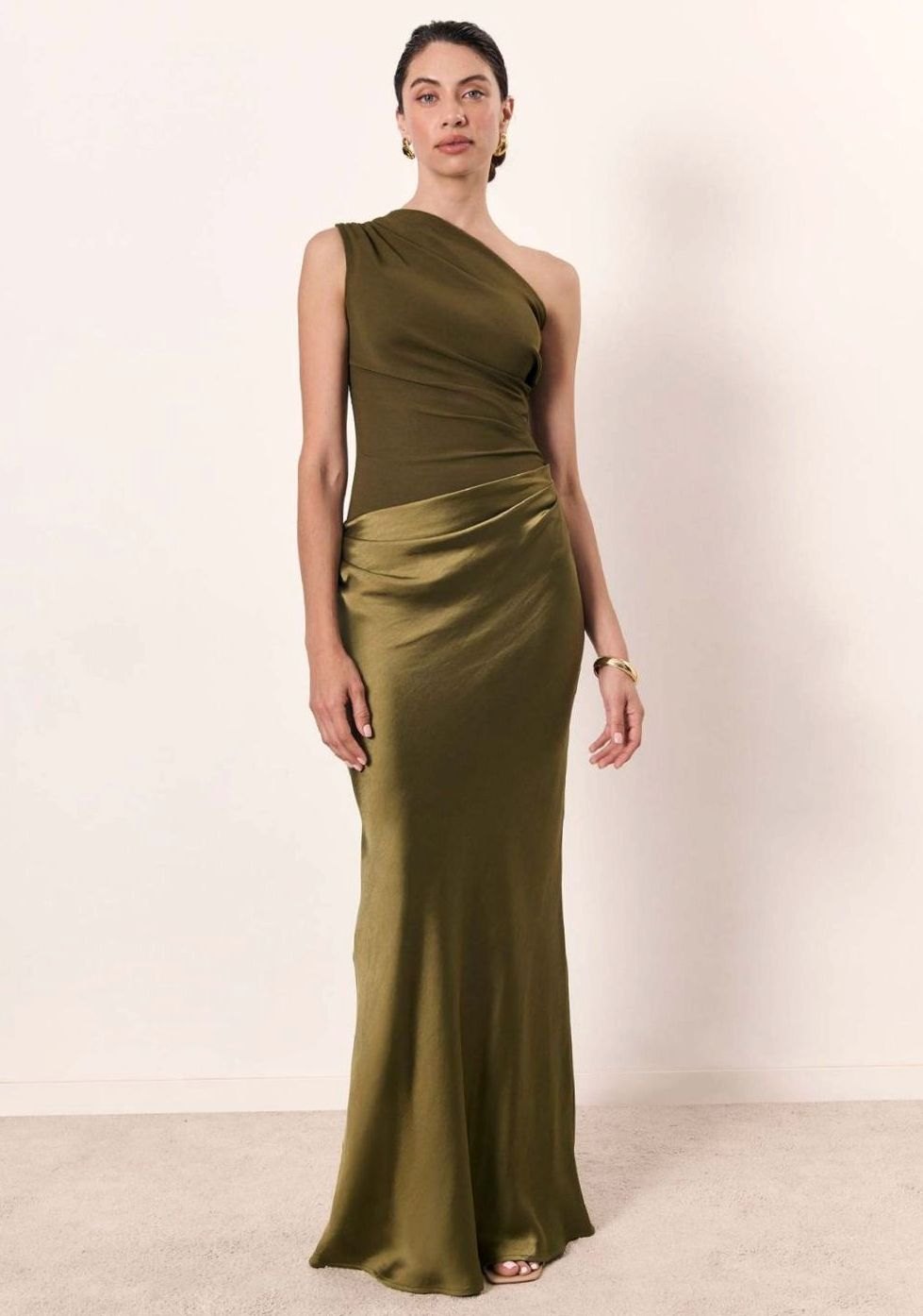 Women's One-Shoulder Ruched Satin Maxi Dress