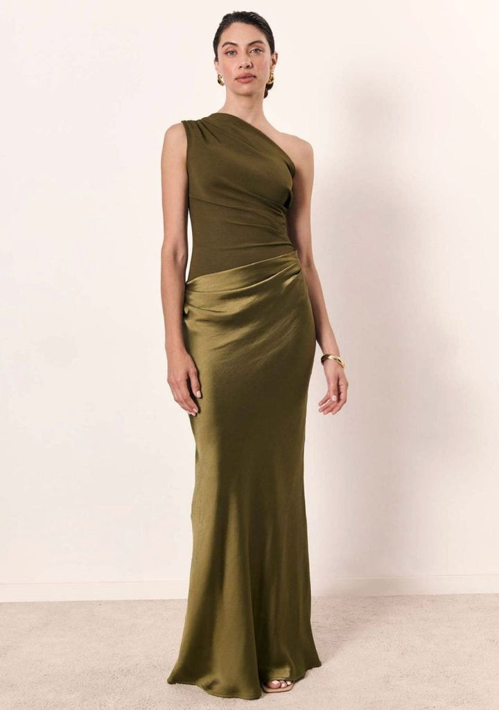 Women's One-Shoulder Ruched Satin Maxi Dress