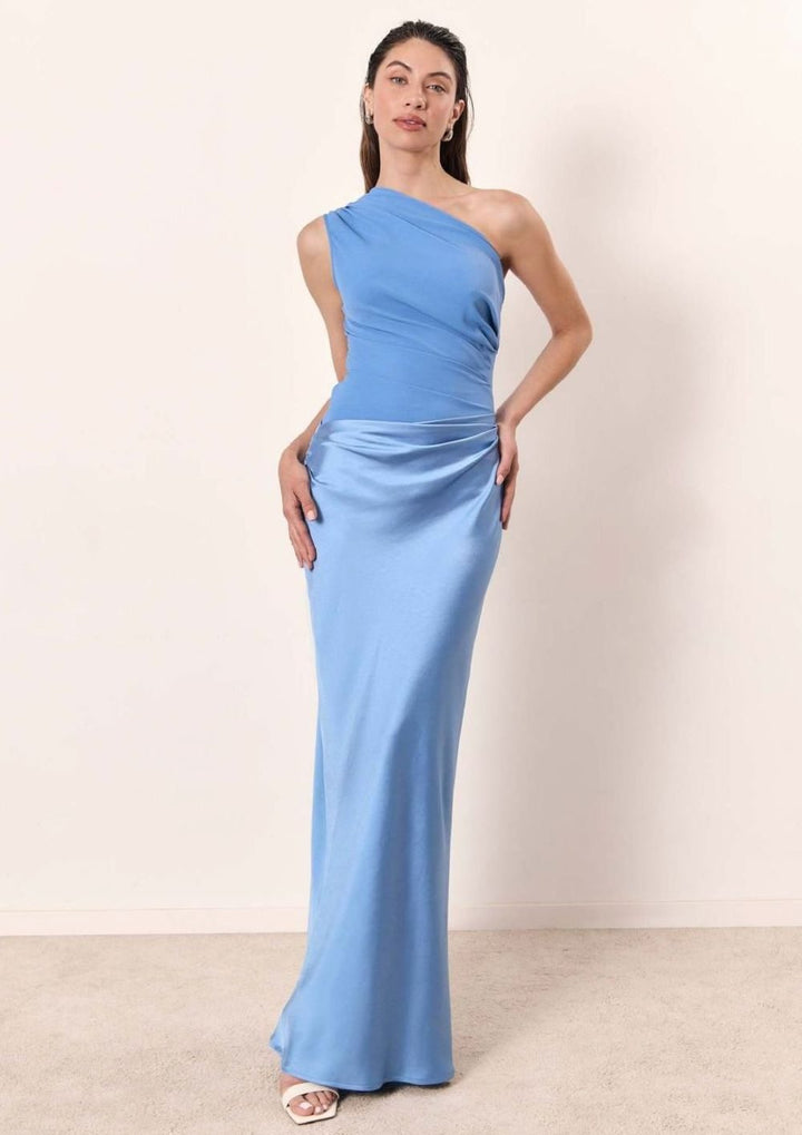 Women's One-Shoulder Ruched Satin Maxi Dress