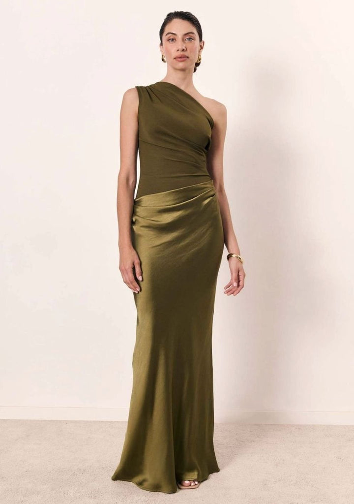 Women's One-Shoulder Ruched Satin Maxi Dress