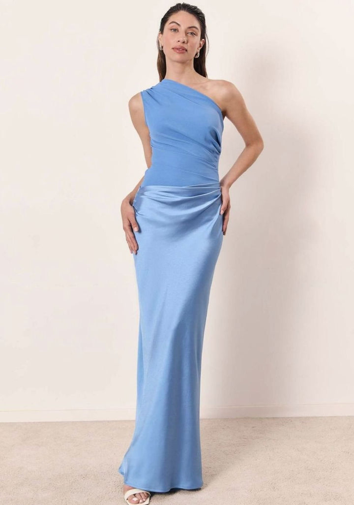 Women's One-Shoulder Ruched Satin Maxi Dress