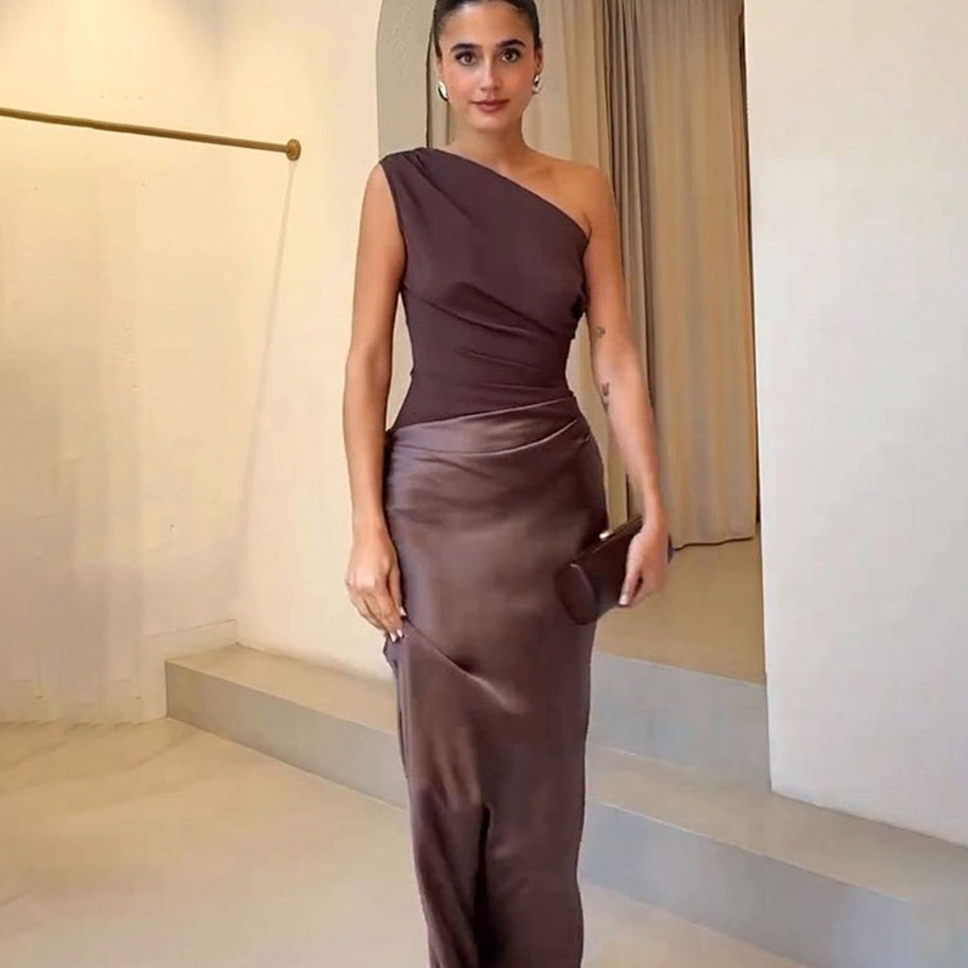 Women's One-Shoulder Ruched Satin Maxi Dress - Dark Brown