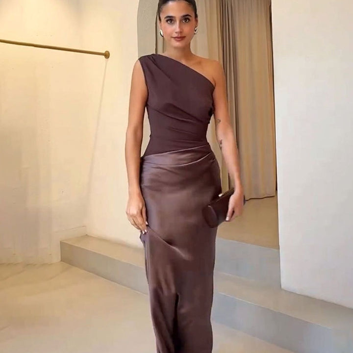 Women's One-Shoulder Ruched Satin Maxi Dress - Dark Brown