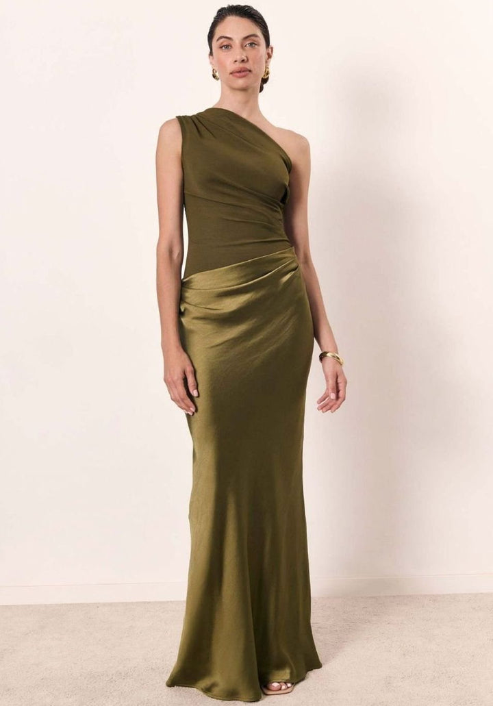 Women's One-Shoulder Ruched Satin Maxi Dress - Matcha