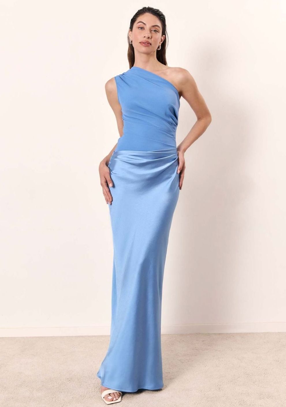 Women's One-Shoulder Ruched Satin Maxi Dress - Sky Blue