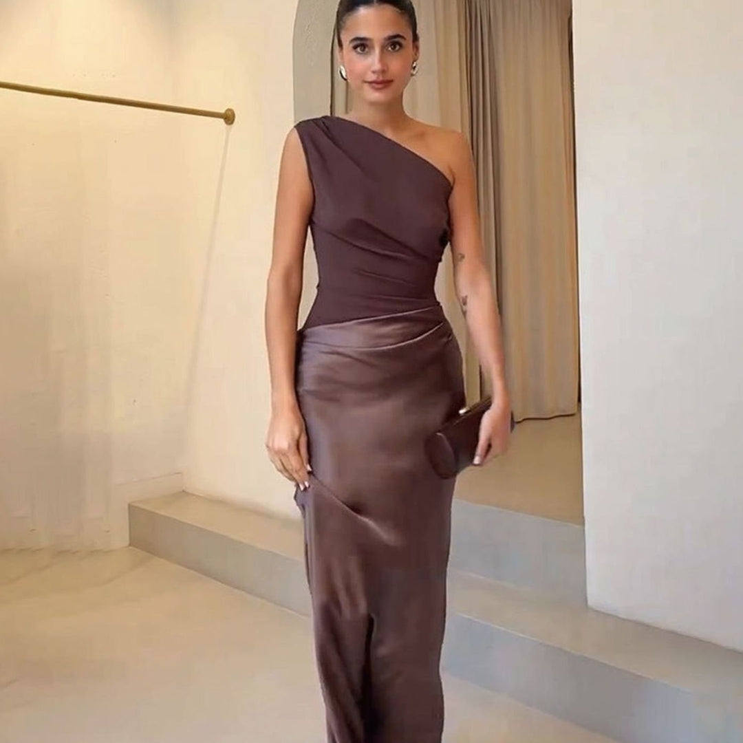 Women's One-Shoulder Ruched Satin Maxi Dress