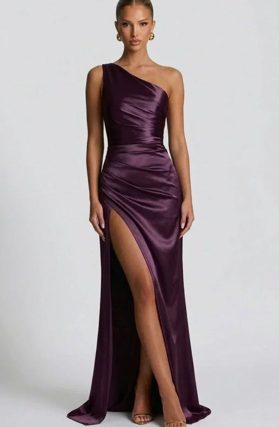 Women's One-Shoulder Ruched Satin Maxi Dress High Slit - Purple