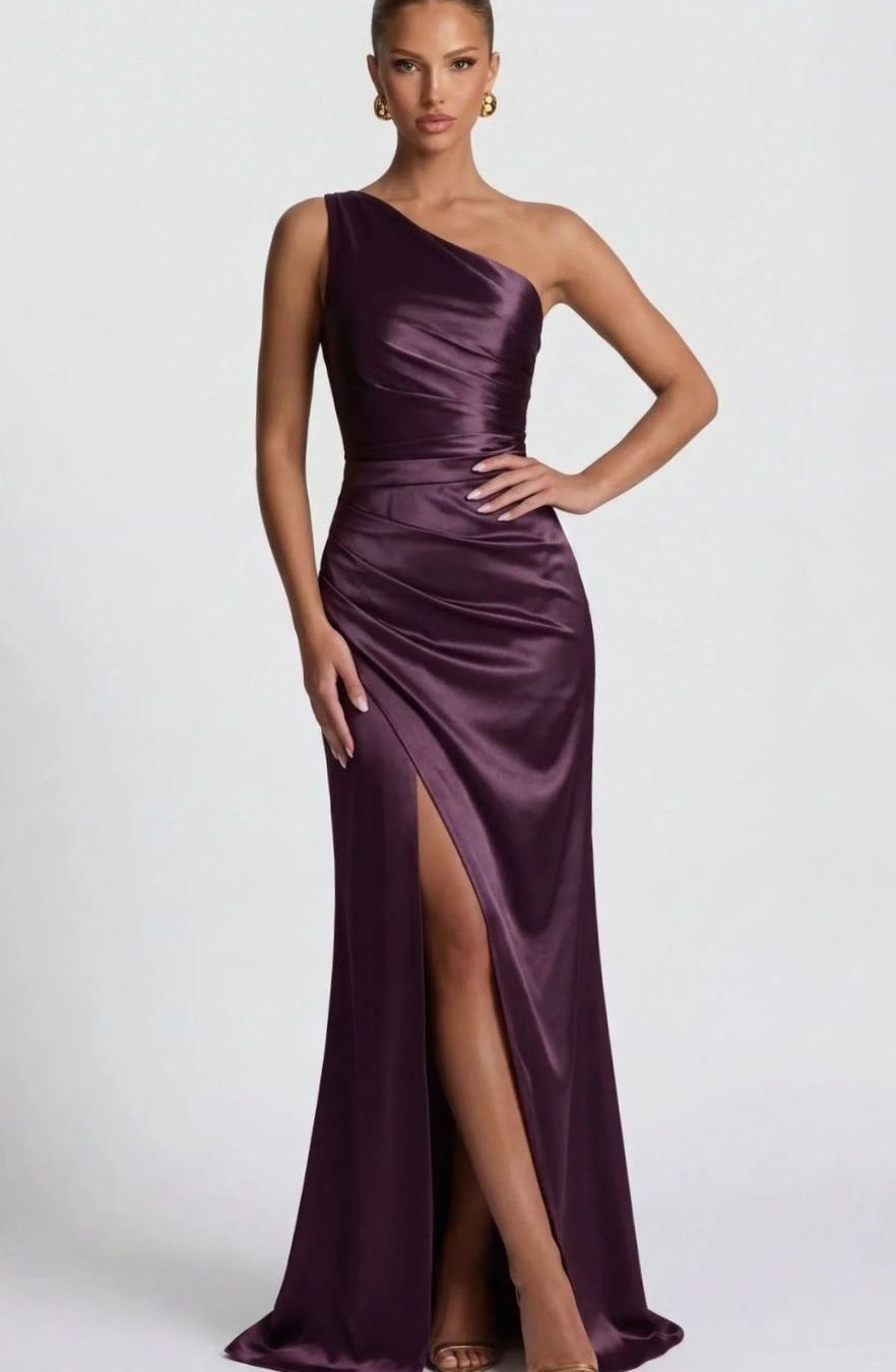Women's One-Shoulder Ruched Satin Maxi Dress High Slit