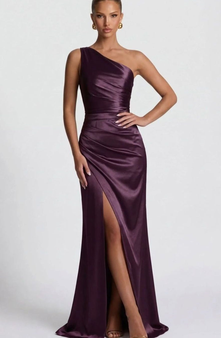 Women's One-Shoulder Ruched Satin Maxi Dress High Slit