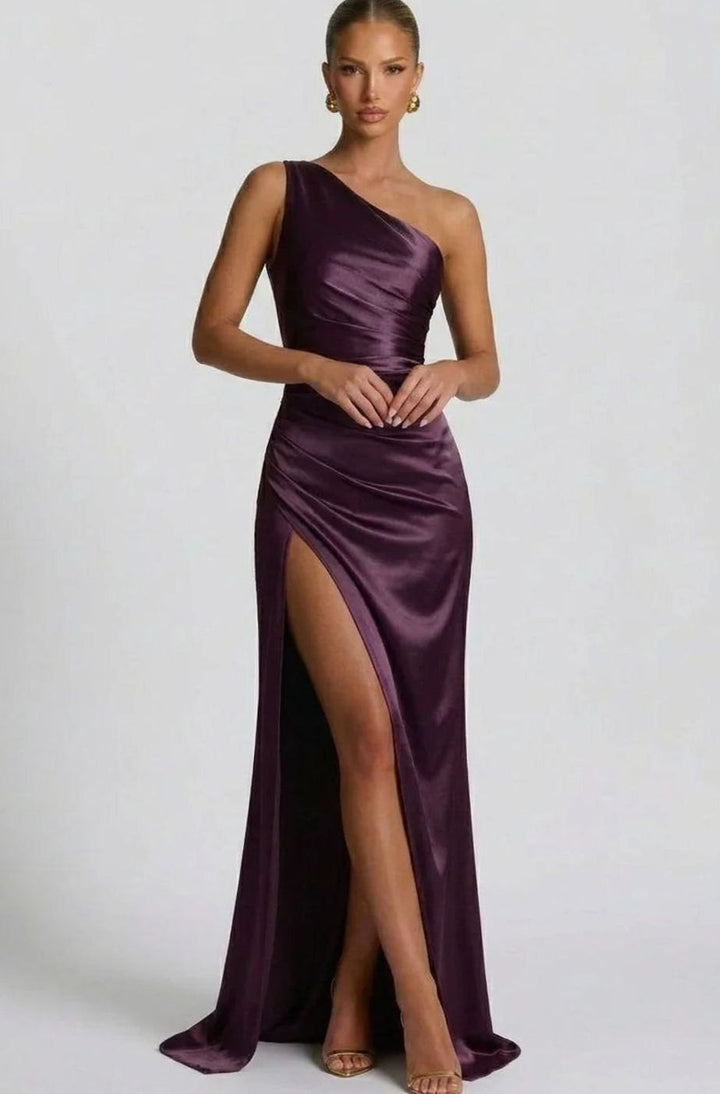Women's One-Shoulder Ruched Satin Maxi Dress High Slit