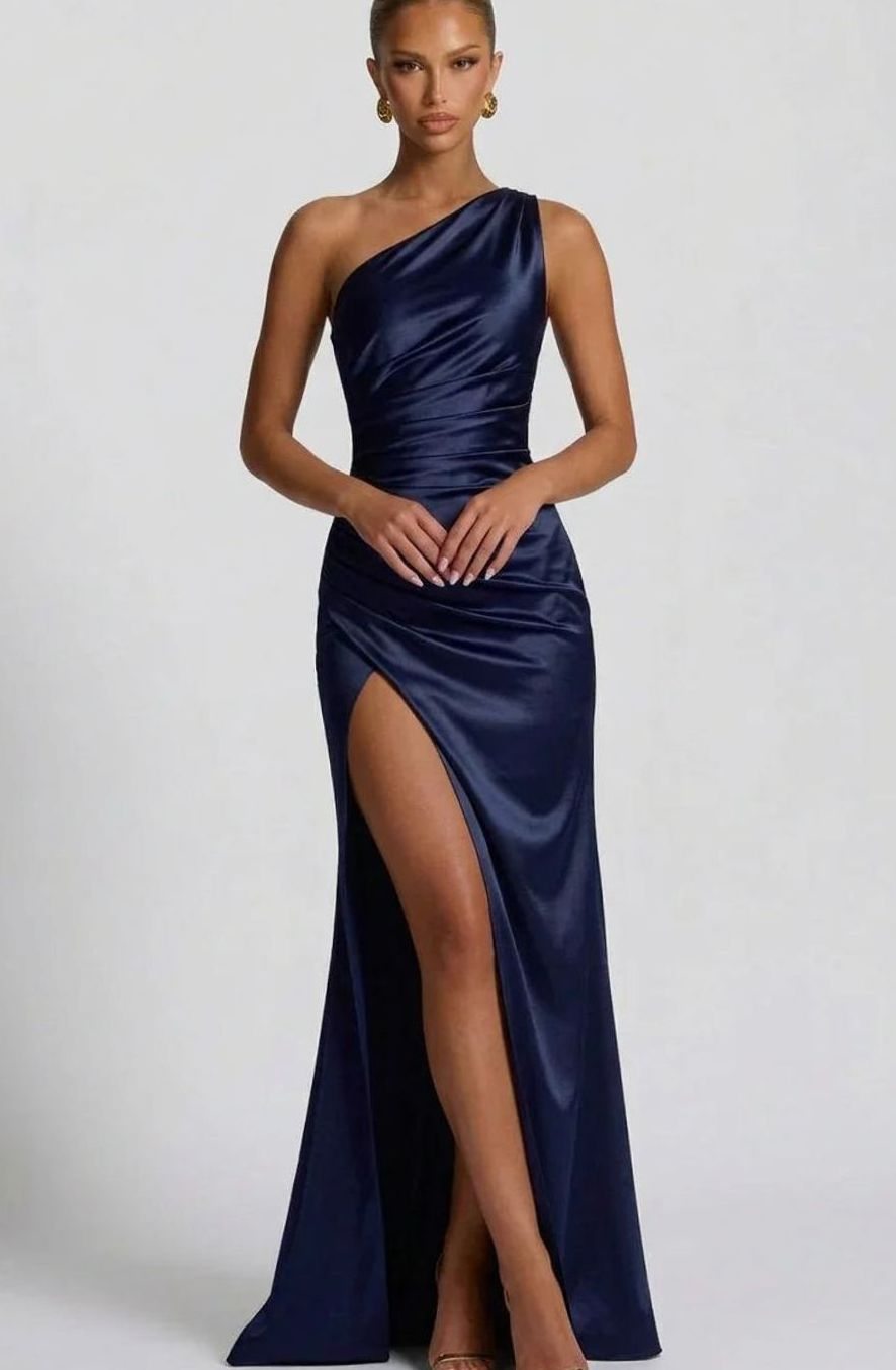 Women's One-Shoulder Ruched Satin Maxi Dress High Slit