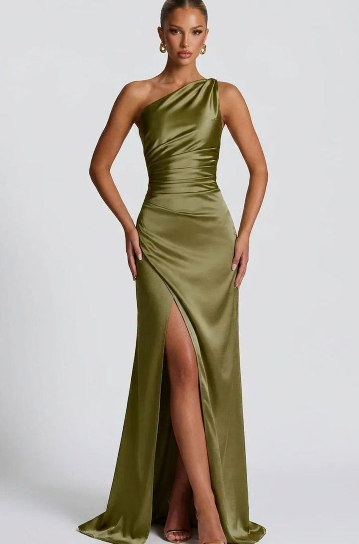 Women's One-Shoulder Ruched Satin Maxi Dress High Slit - Green