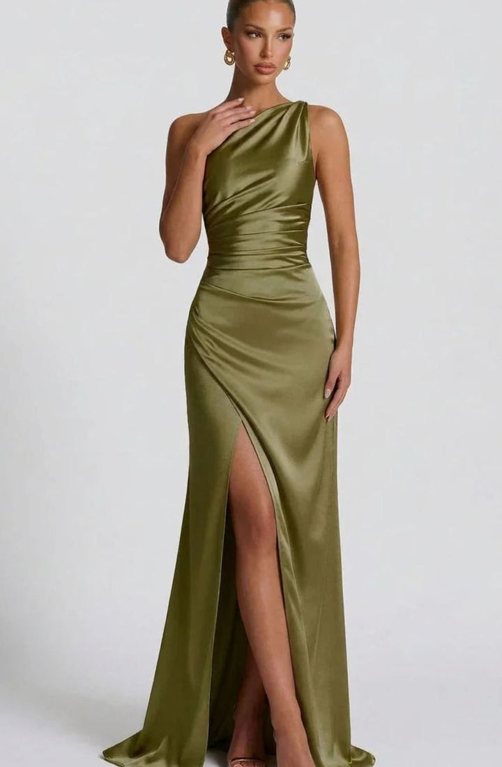 Women's One-Shoulder Ruched Satin Maxi Dress High Slit