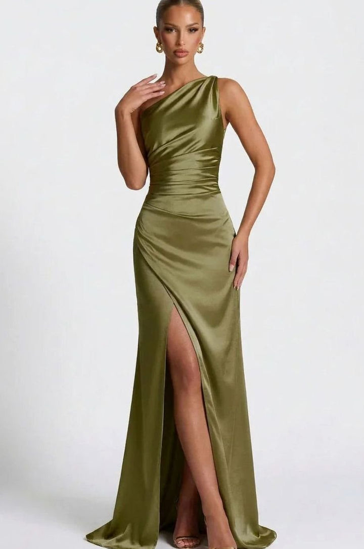 Women's One-Shoulder Ruched Satin Maxi Dress High Slit