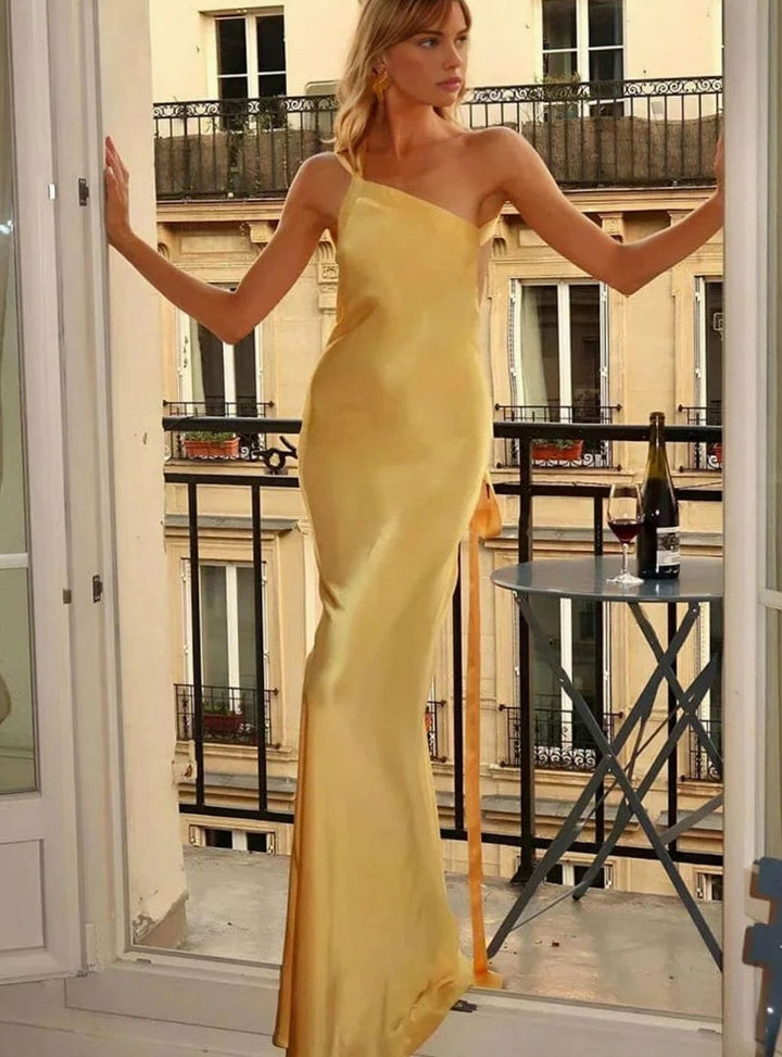 Women's Open Back Satin Maxi Dress Thin Strap Evening Gown - Yellow