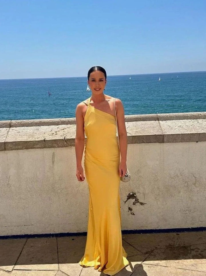 Women's Open Back Satin Maxi Dress Thin Strap Evening Gown